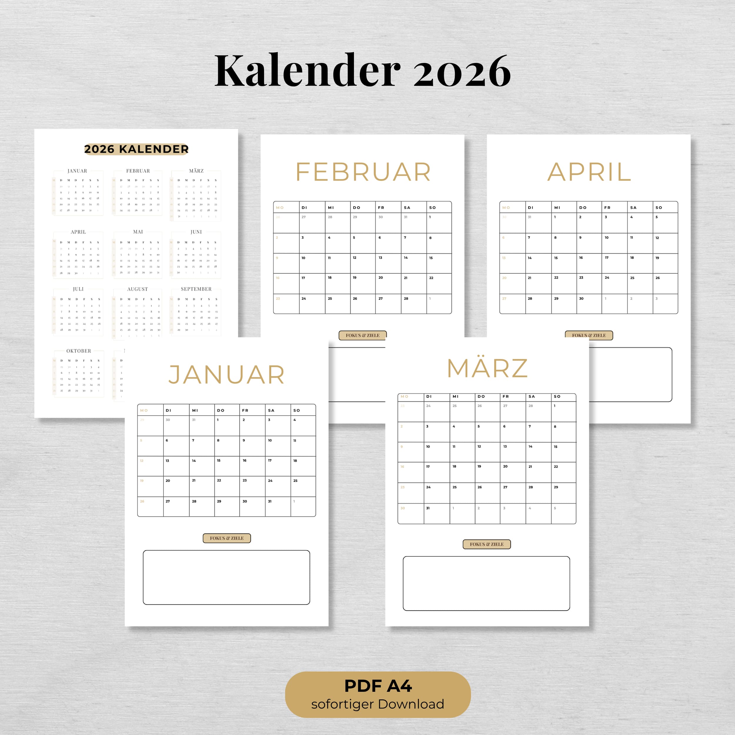 Jahreskalender 2026, A4 mit Monatsübersichten