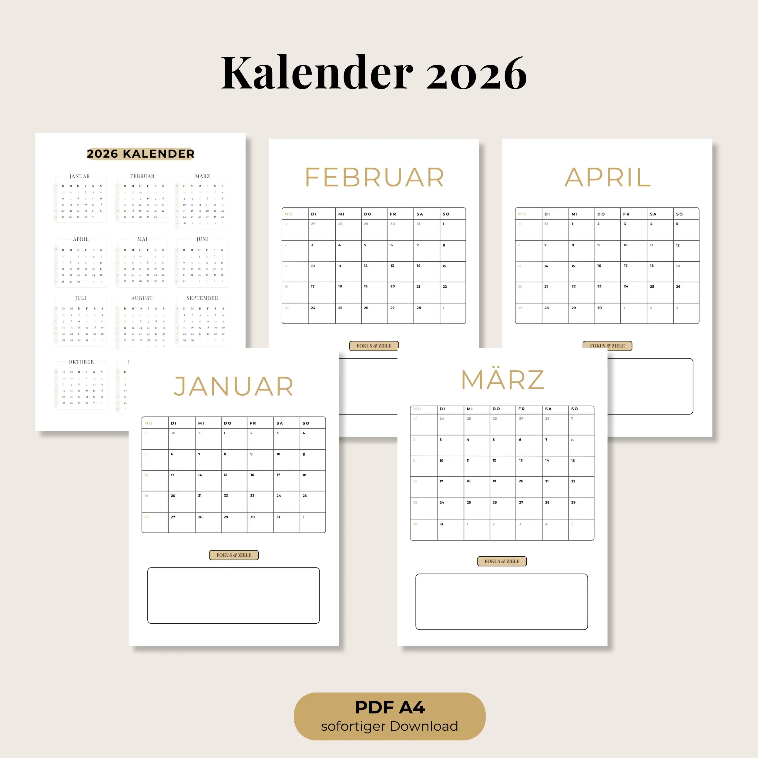 Jahreskalender 2026, A4 mit Monatsübersichten