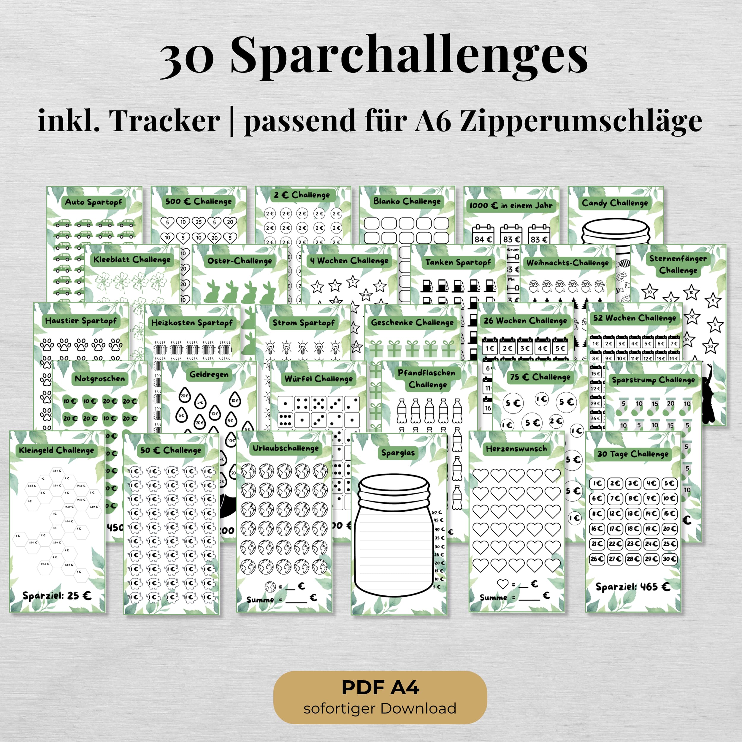 Sparchallenge Set mit 30 Sparchallenges inkl. Tracker, A6, grün