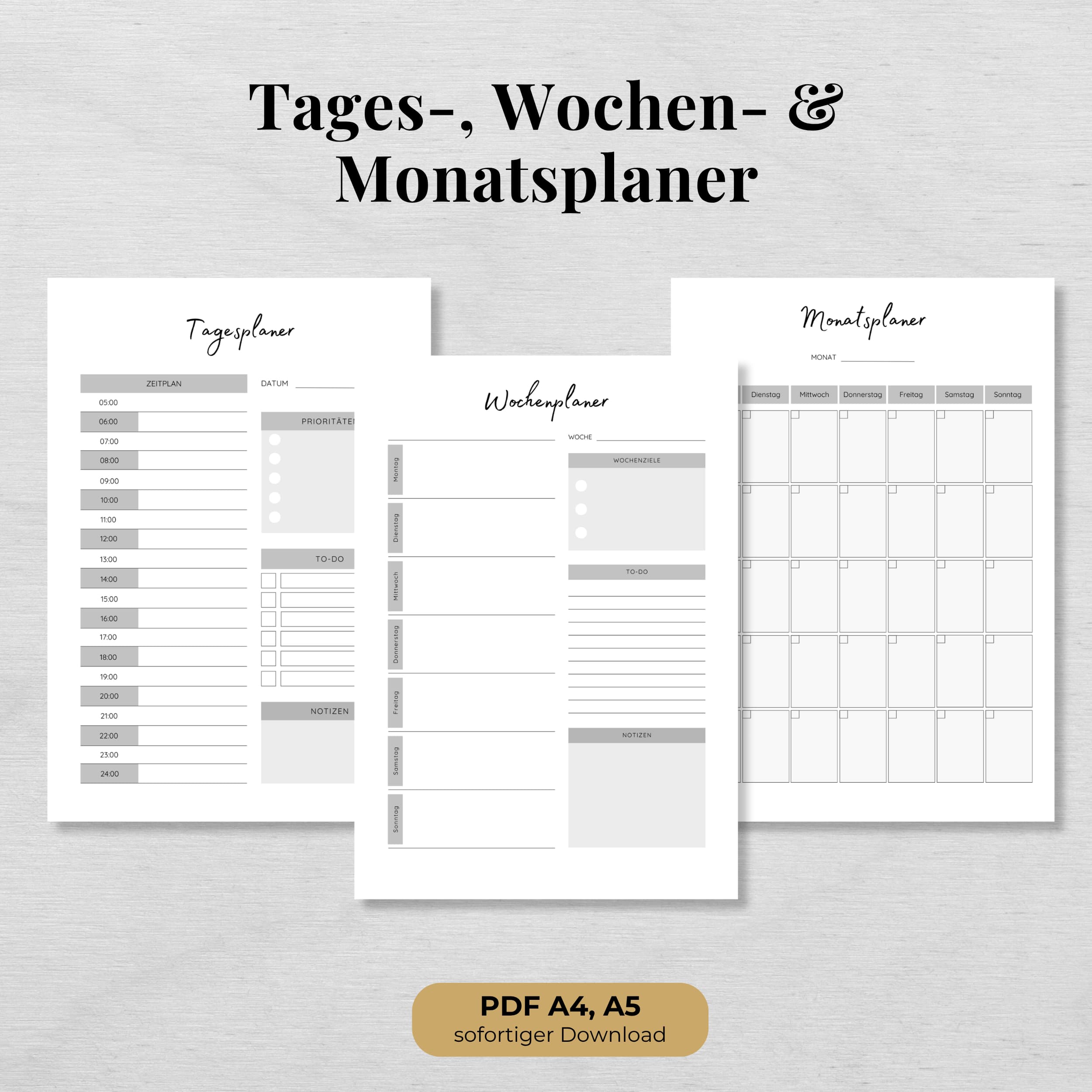 Tages-, Wochen- und Monatsplaner, A4 & A5, schwarz-weiß