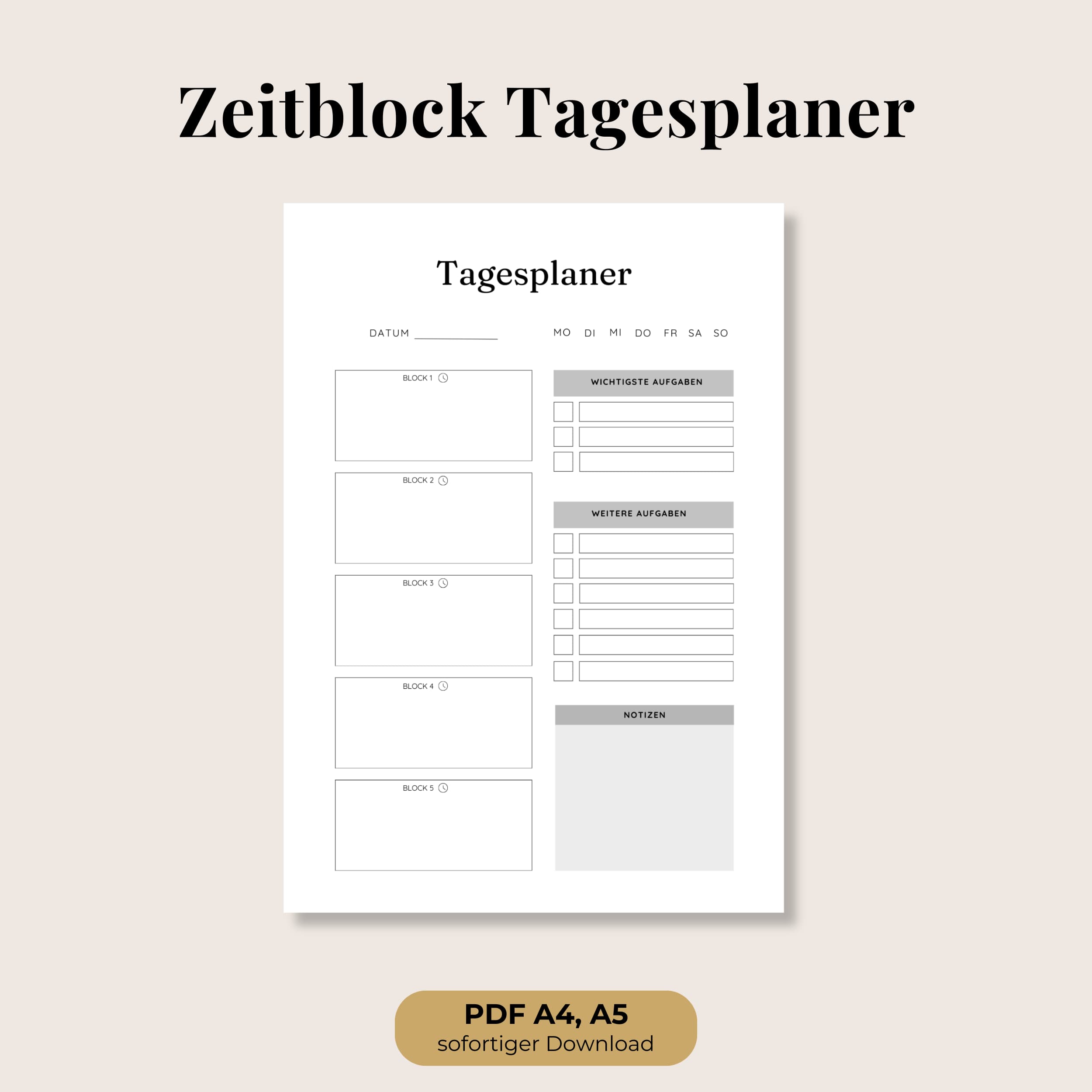 Zeitblock Tagesplaner A4 & A5, schwarz-weiß